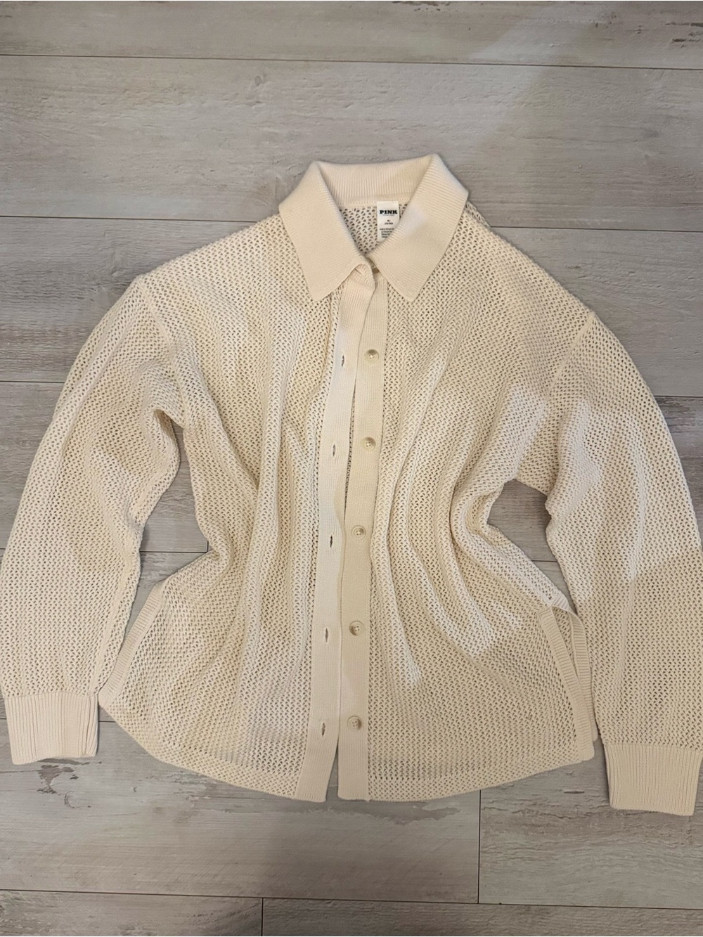 PINK Victoria's Secret Cream Open-Knit Button-Up Sweater